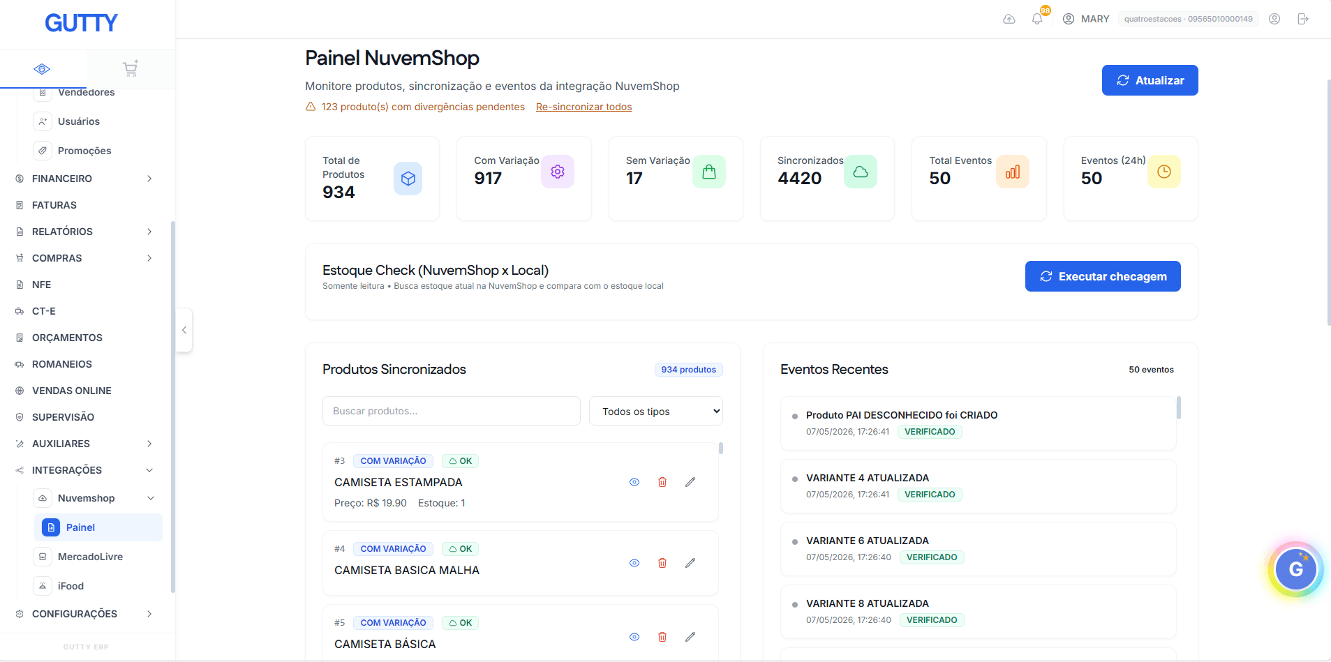 Painel Nuvemshop com produtos sincronizados