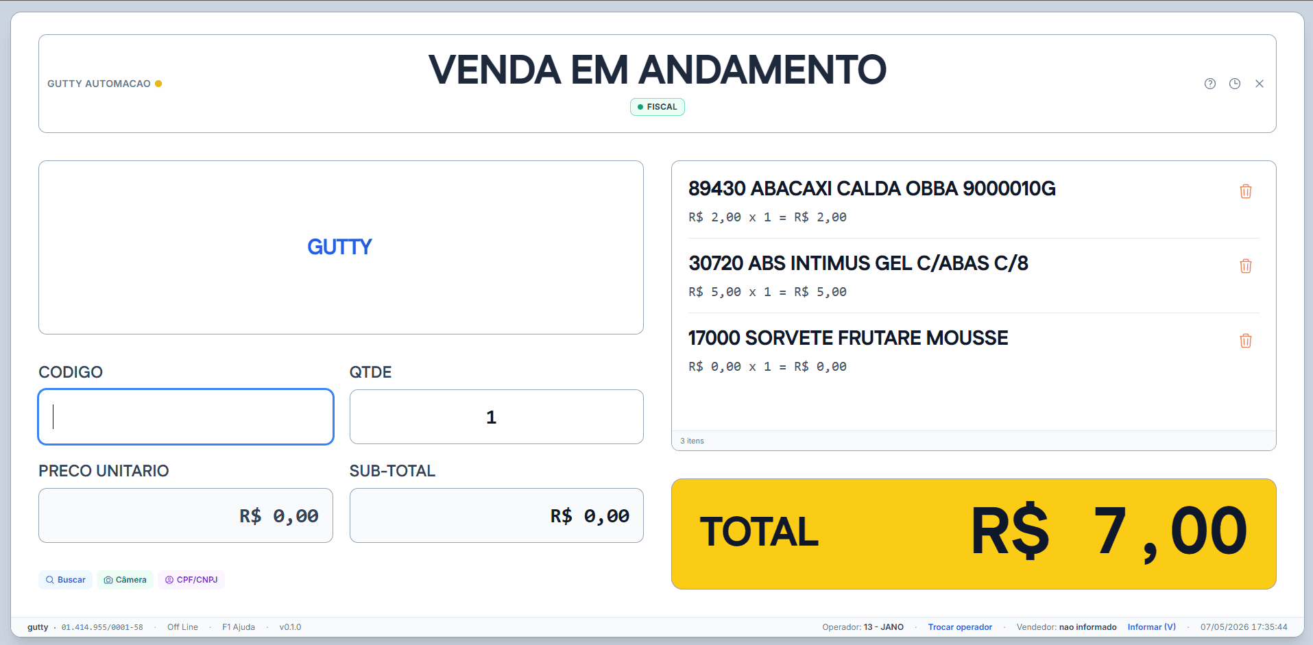 Tela do PDV Gutty mostrando venda em andamento