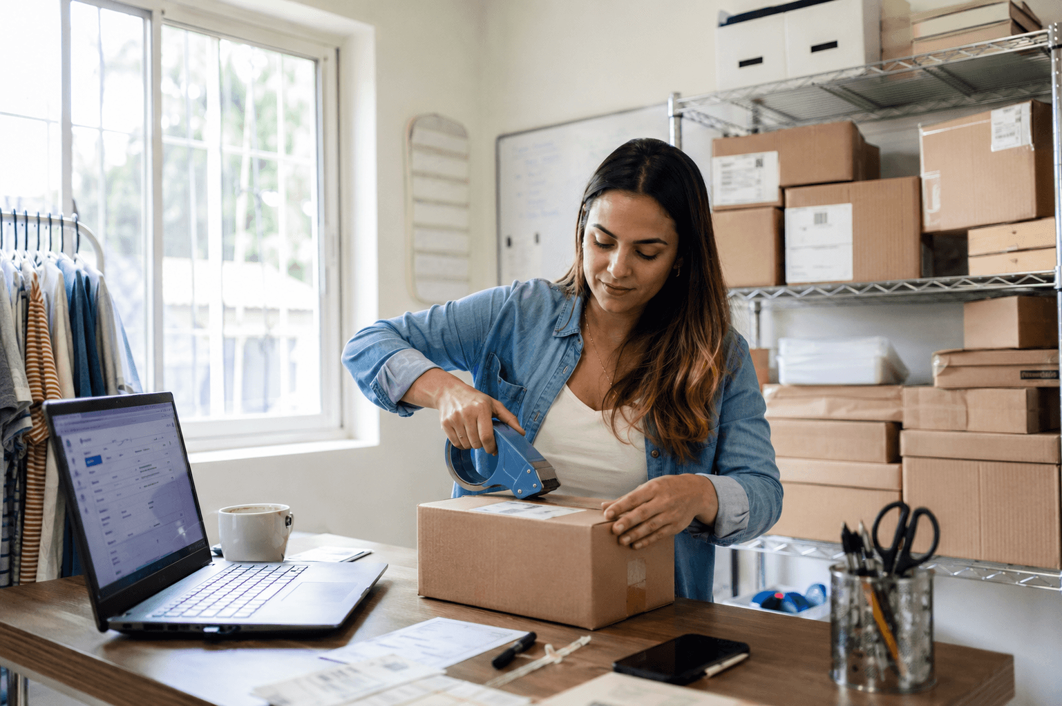 Mulher empacotando caixas com laptop ao lado