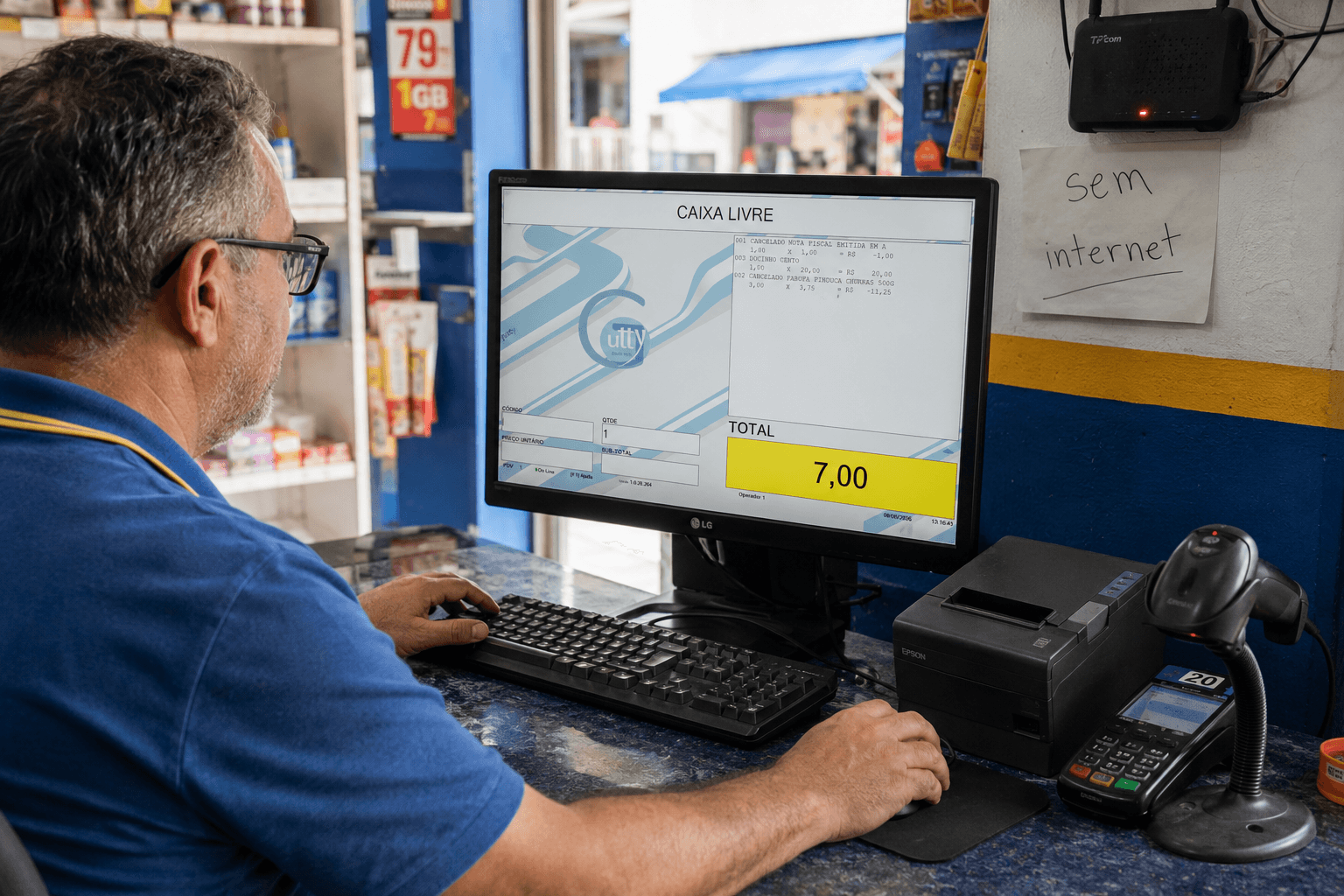 Caixa Gutty rodando offline num mercadinho