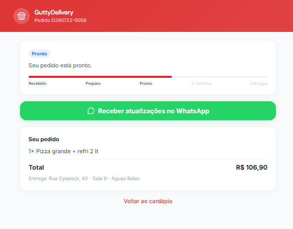 Tela de acompanhamento do pedido com a linha do tempo e o botão de avisos no WhatsApp