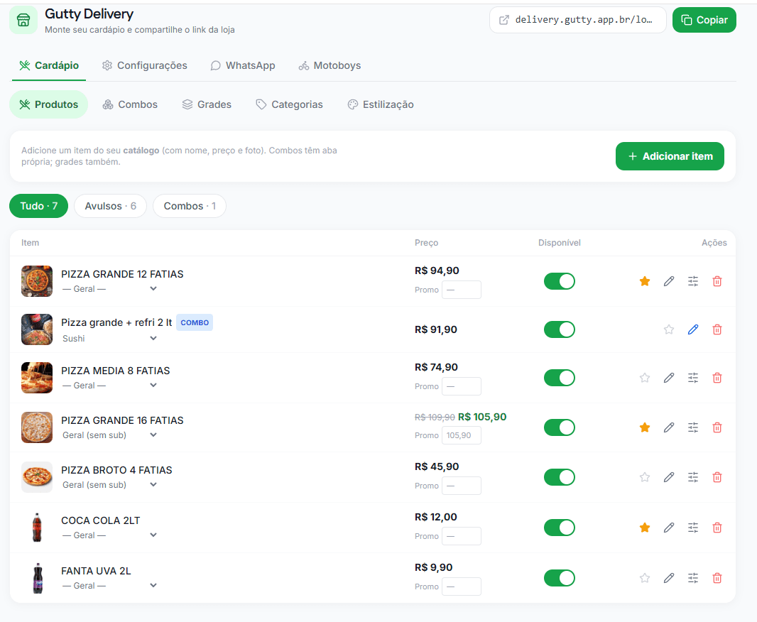 Aba Cardápio do Gutty Delivery com produtos, preços e combos