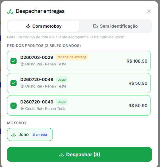Modal de despacho com pedidos selecionados e motoboy