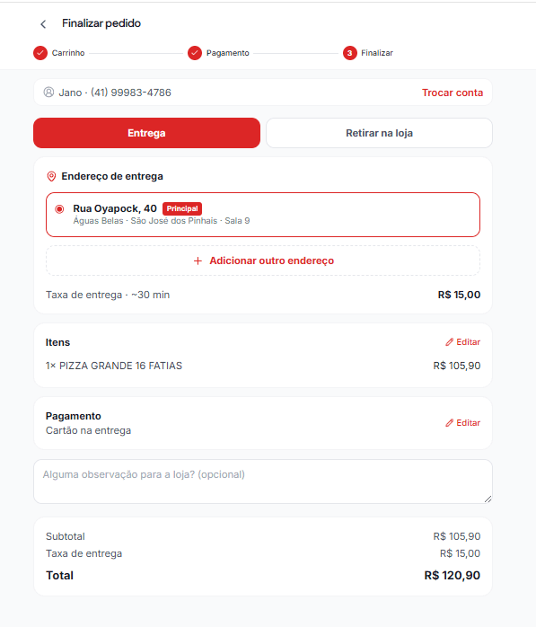 Checkout do delivery com endereço, itens e total