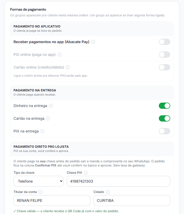 Configuração das formas de pagamento em três grupos